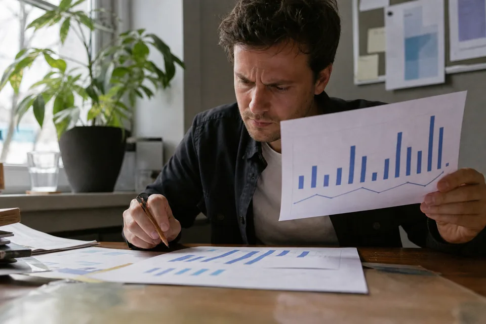 A marketing analyst at a desk comparing two printed bar charts with a pencil, a closed notebook and coffee beside him