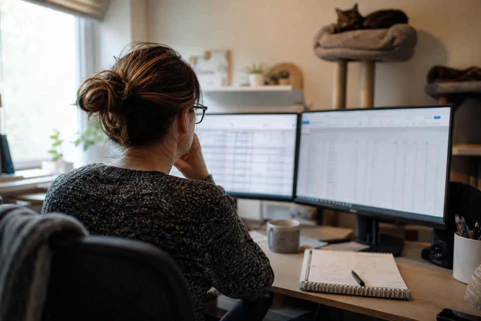 A PPC specialist seen from behind her shoulder at two monitors with a paid search campaign dashboard open in a home office