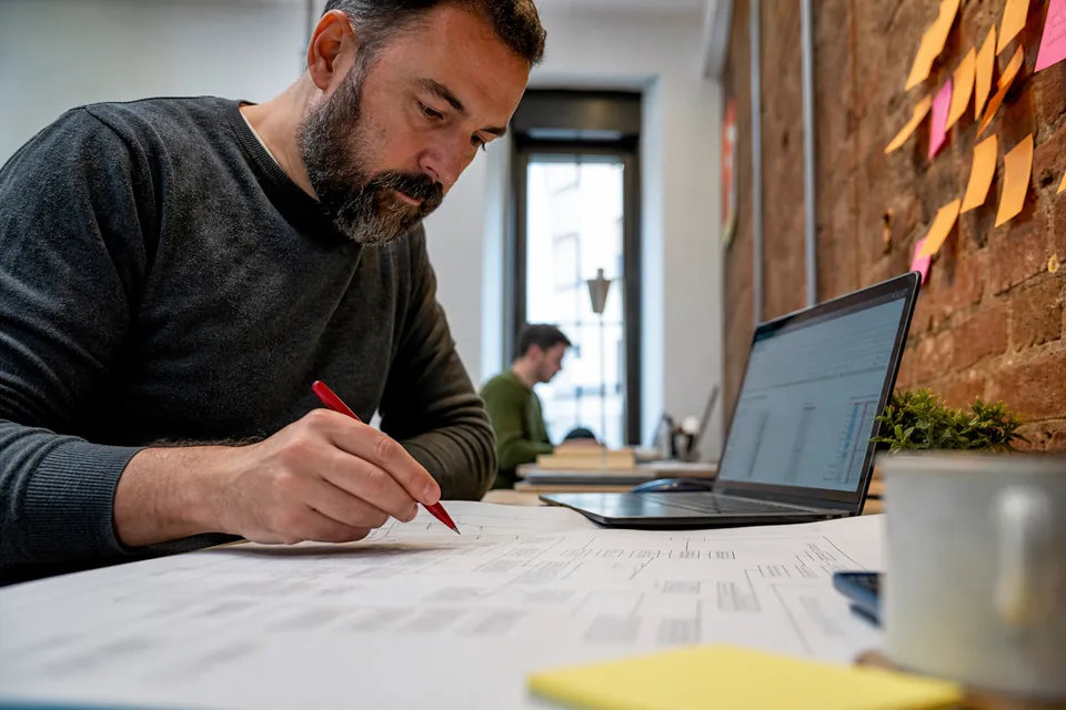An SEO specialist marking up a printed site map with a pen at a desk in a small coworking space