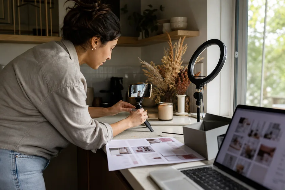 A social media manager setting a phone on a small tripod to photograph a client product on a kitchen counter